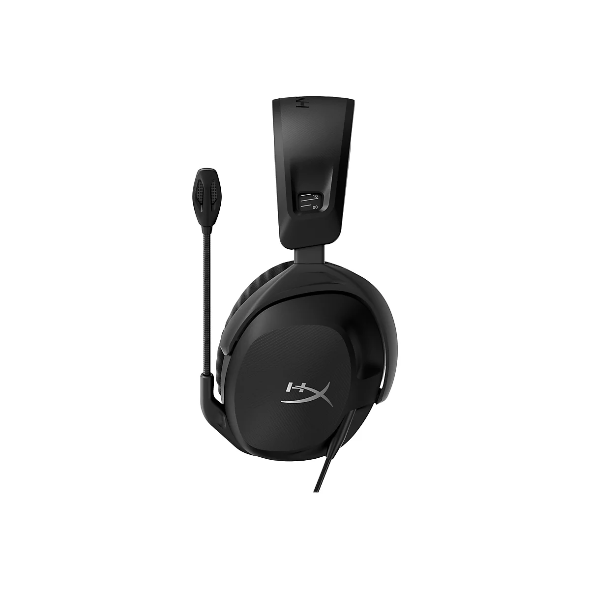 Schwarzes Gaming-Headset mit Mikrofon und HyperX-Logo. Details wie Lautstärkeregelung und Mikrofonform sind erkennbar.