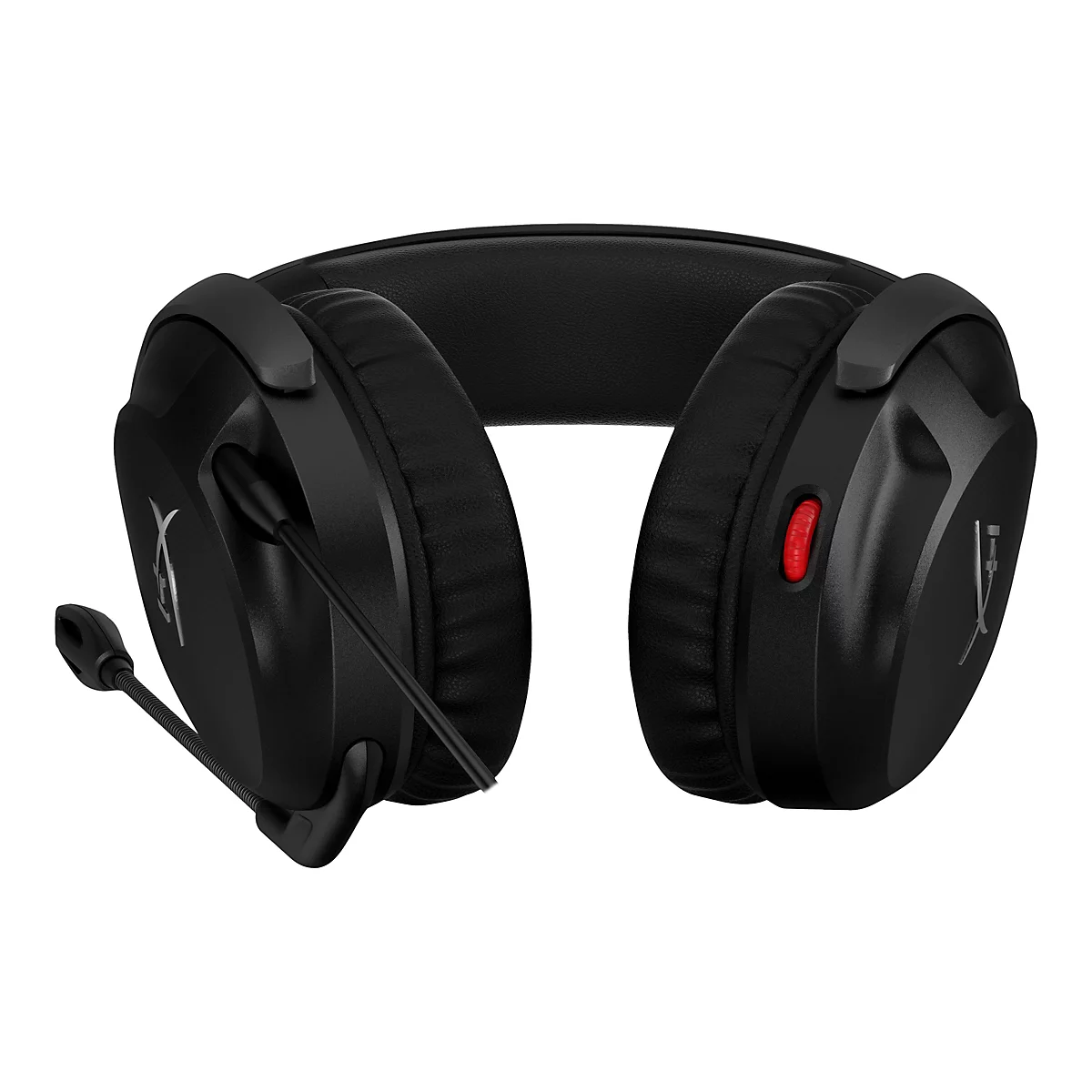 Schwarzes Gaming-Headset. Seitlich ist ein Mikrofon angebracht. Auf der rechten Seite befindet sich ein roter Knopf.