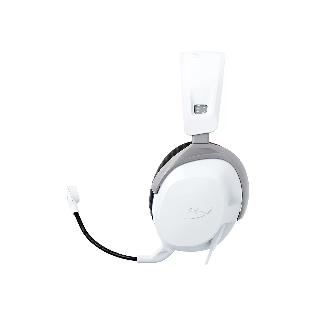 Un casque de jeu blanc avec une arche grise et un microphone s'étendant de l'écouteur gauche.