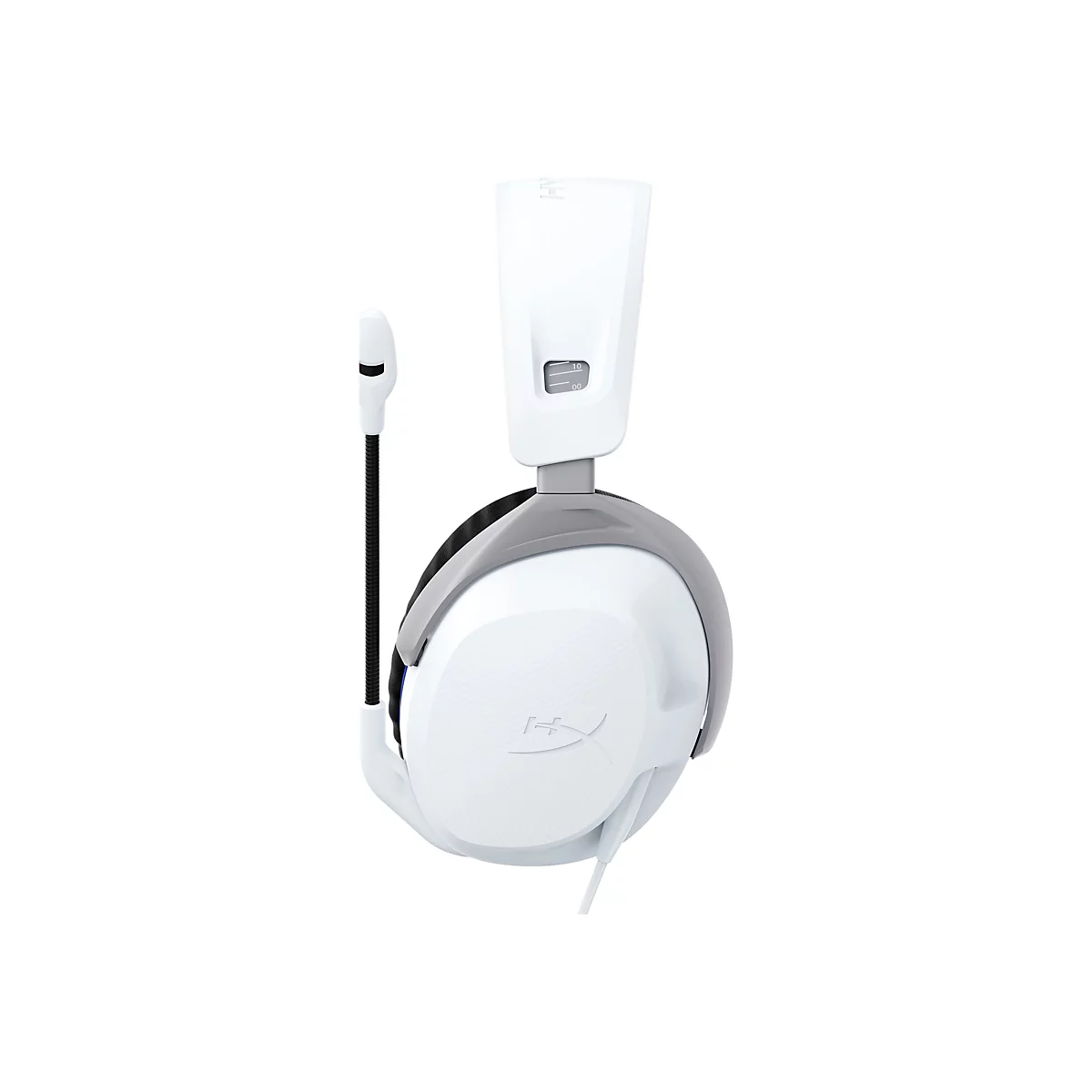 Casque de jeu blanc avec microphone, accents gris et câble blanc sur fond blanc.