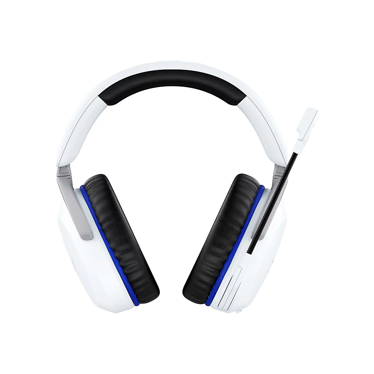 Casque de jeu blanc avec serre-tête et coussinets noirs. Accents bleus.