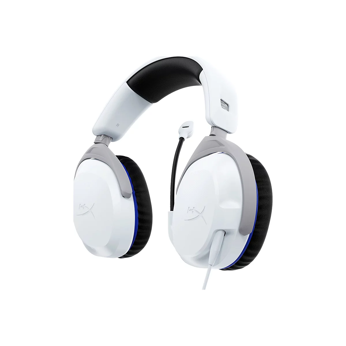 Casque de jeu blanc avec microphone et coussinets d'oreille bleus et noirs, logo HyperX sur le côté gauche.