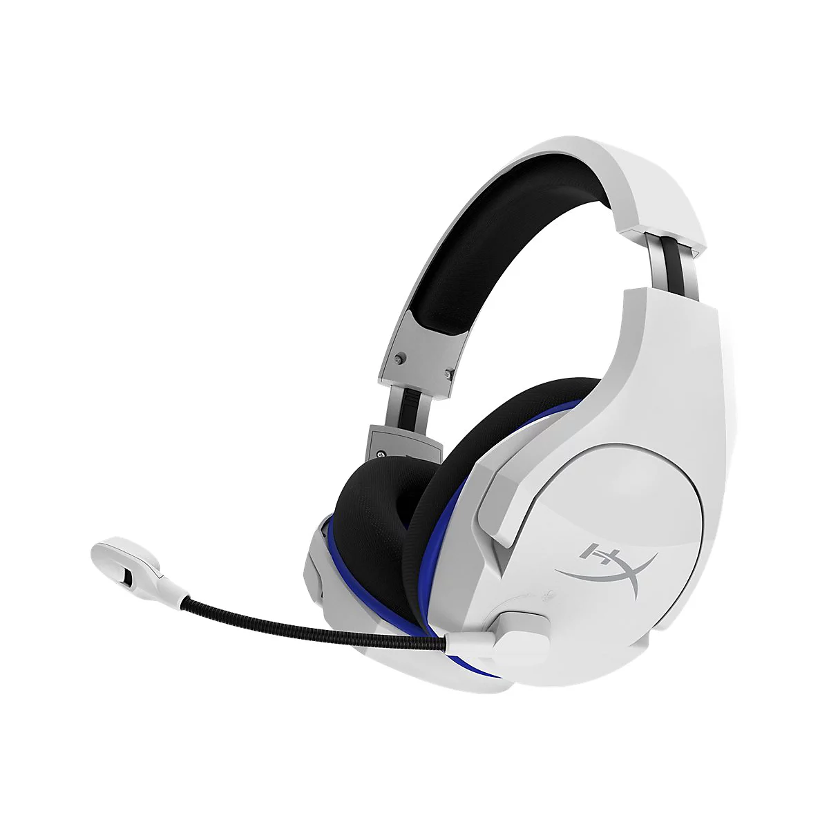 Casque de jeu blanc avec microphone sur fond blanc. Le casque a des accents bleus et le logo HyperX.