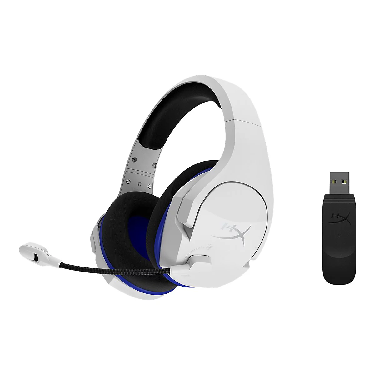 Casque de jeu blanc avec accent bleu, microphone et dongle USB sur fond blanc.