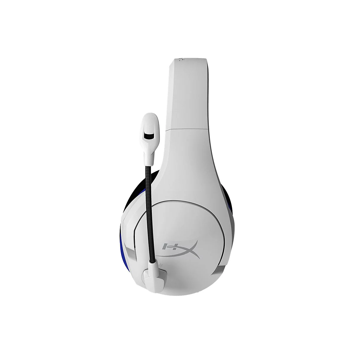 Casque de jeu blanc avec accent bleu et microphone, en gros plan, sur fond blanc.