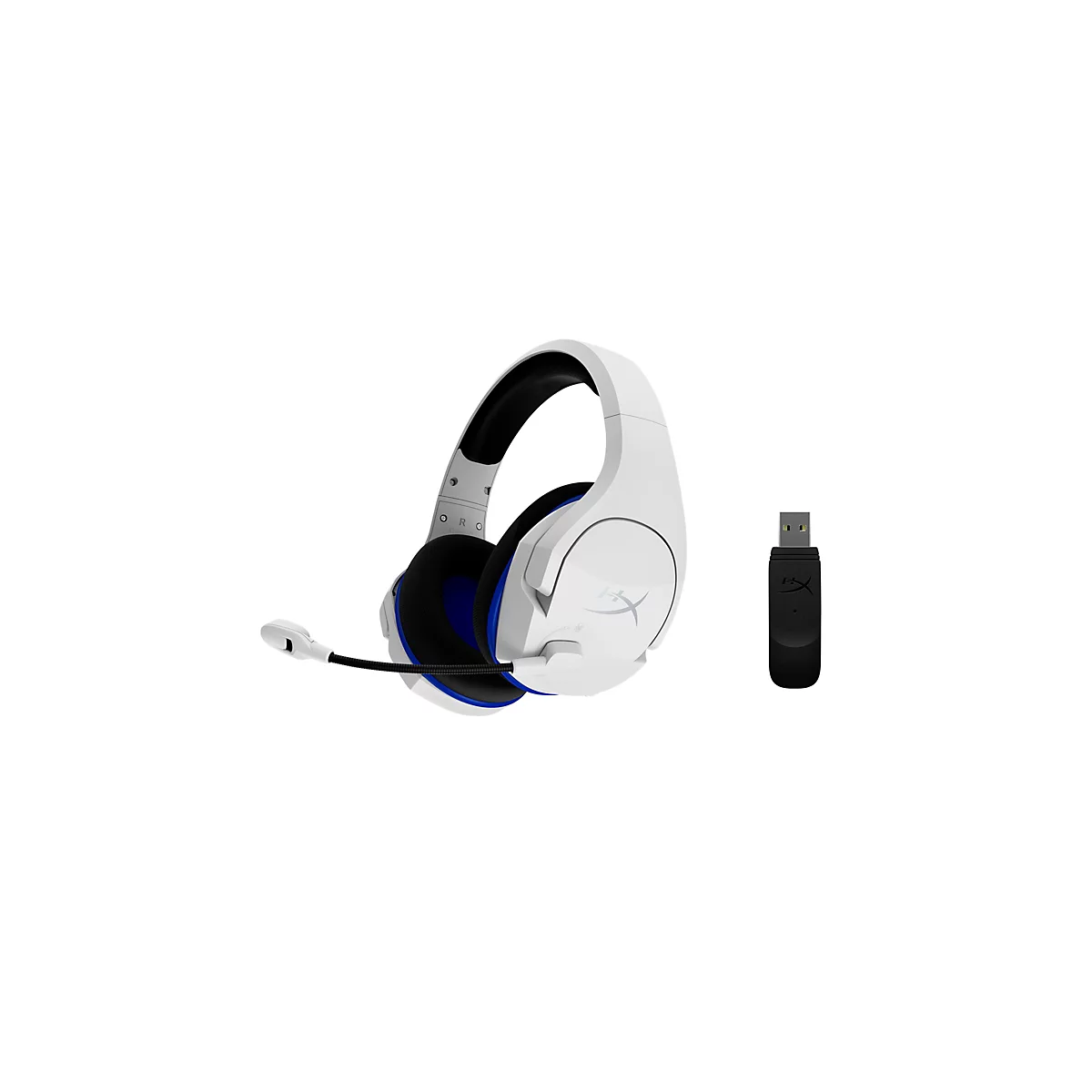 Casque de jeu blanc avec des détails bleu et noir, microphone et récepteur USB sur fond blanc.
