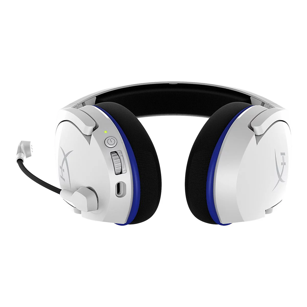Casque de jeu blanc avec accent bleu, micro noir et logo.