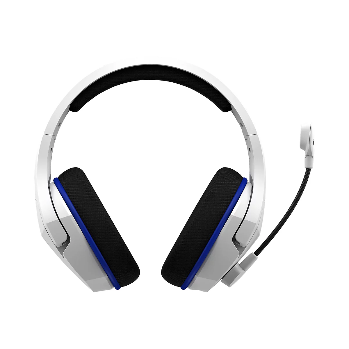 Weißes Gaming-Headset mit schwarzem Bügelpolster und Ohrpolstern. Blaue Akzente. Seitlich ein Mikrofon.