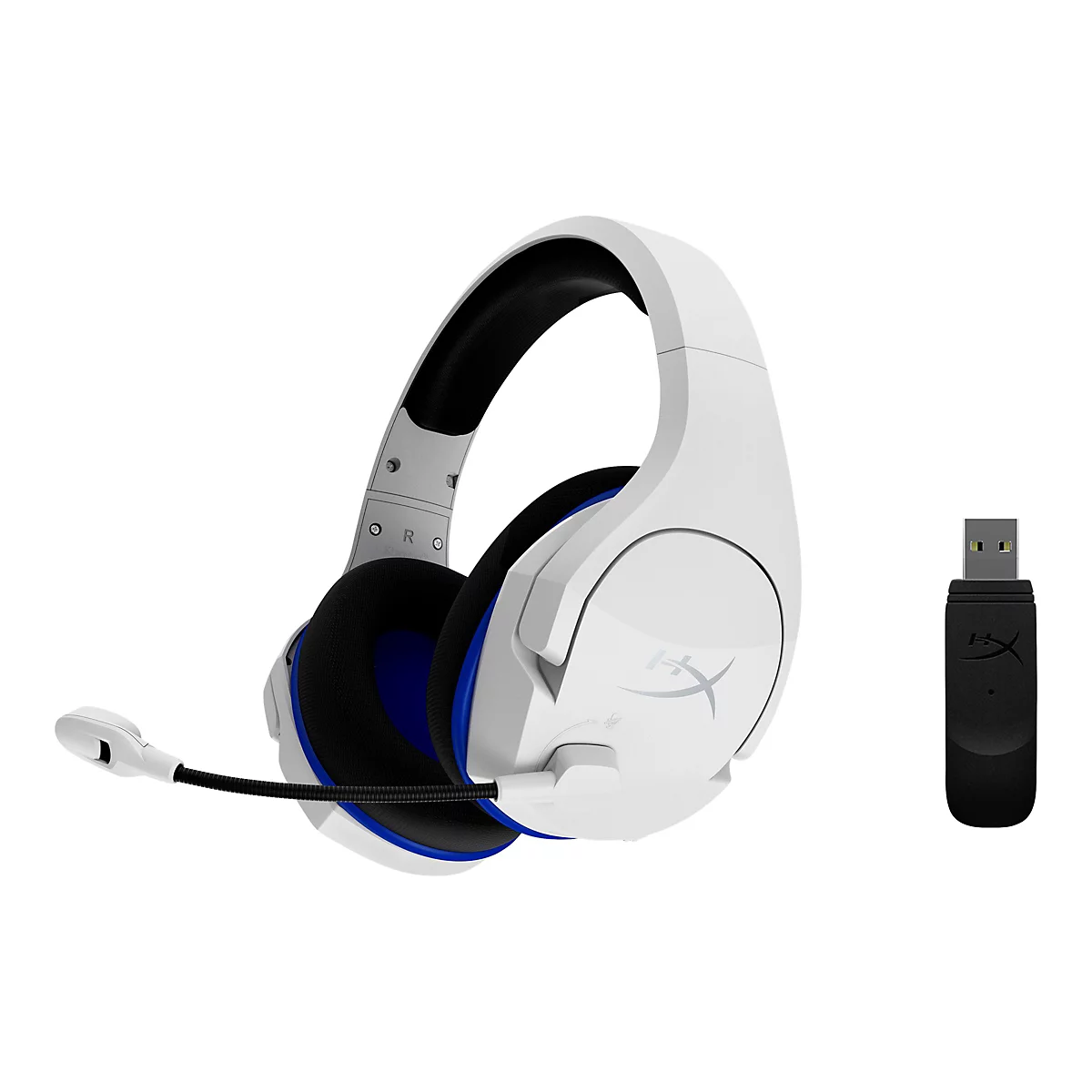 Weißes Headset mit Mikrofon und USB-Dongle. Das Headset hat blaue Akzente und das HyperX-Logo. Auf weißem Hintergrund.