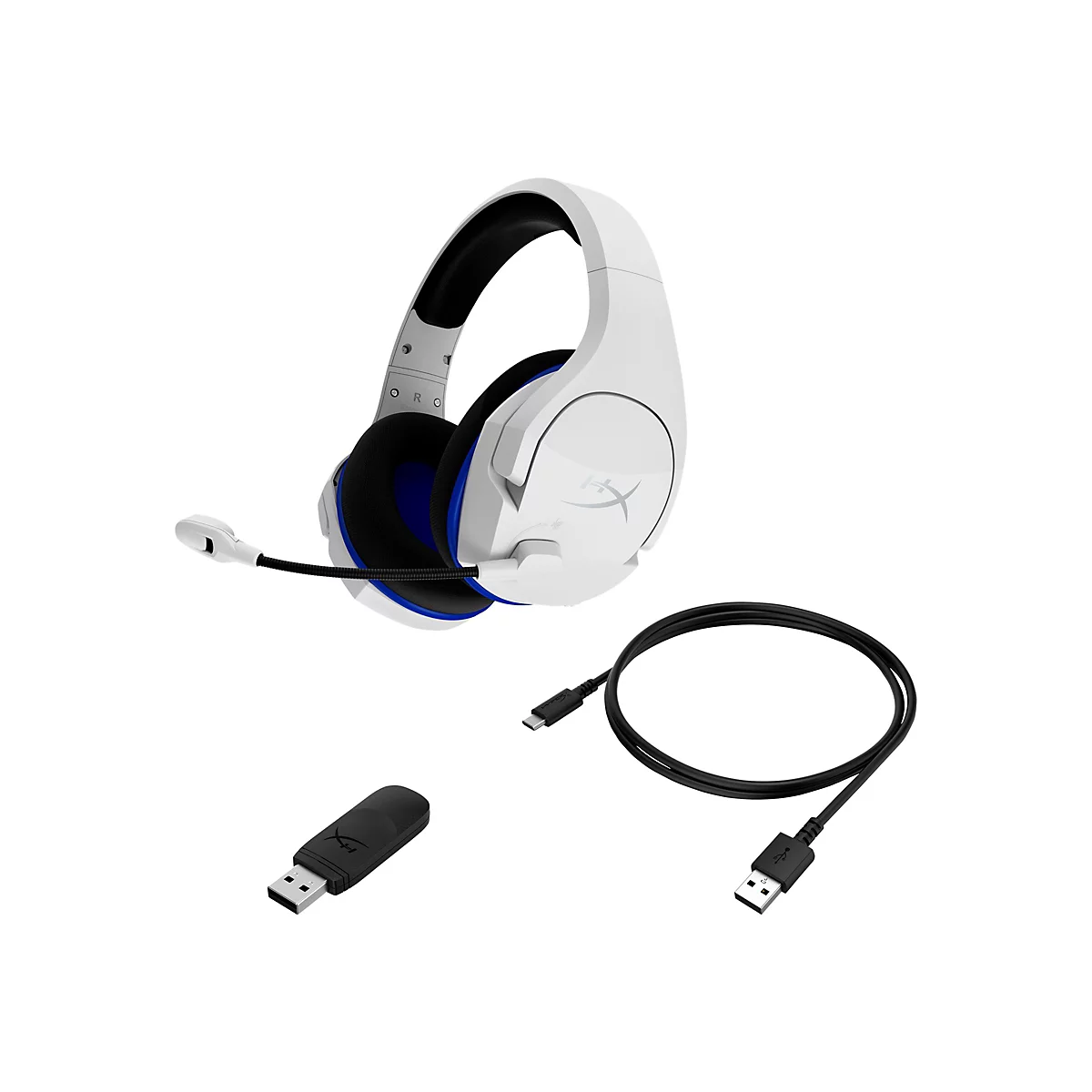 Weißes Gaming-Headset mit Mikrofon, USB-Kabel und Empfänger. Das Headset hat blaue Akzente.