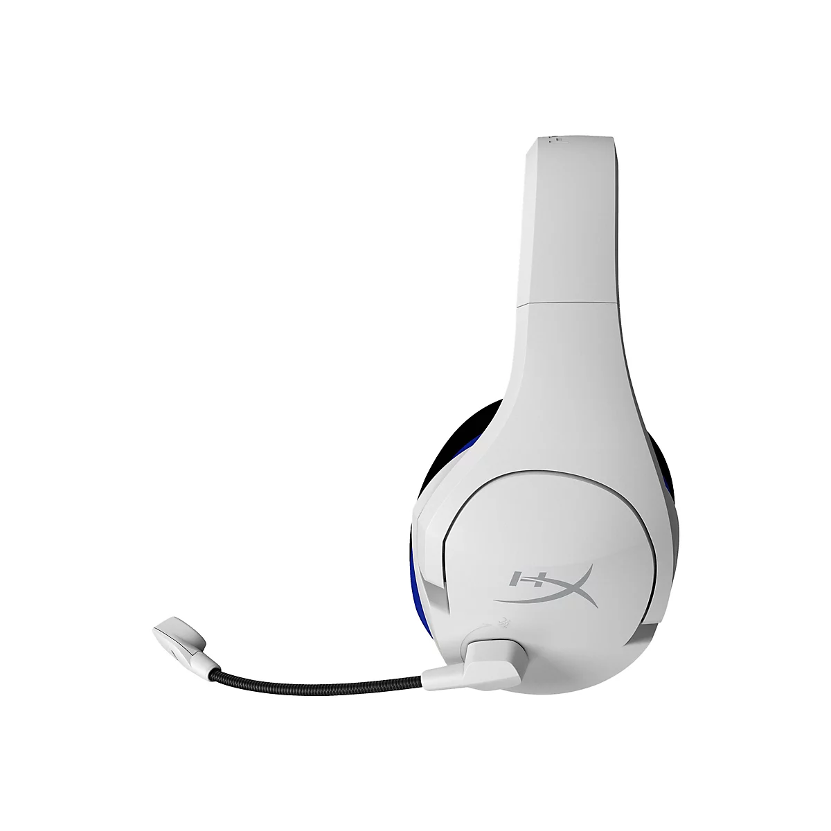 Weißes Gaming-Headset mit schwarzem Mikrofon und blauem Akzent, auf weißem Hintergrund.