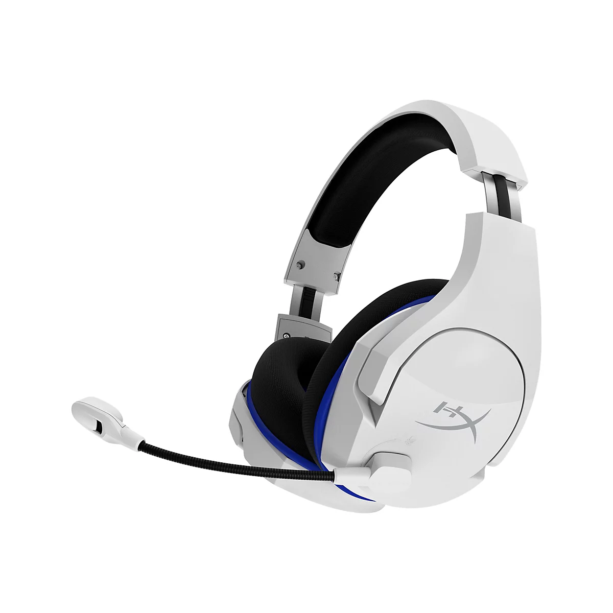Weißes Gaming-Headset mit Mikrofon, blaue Akzente und HyperX-Logo.