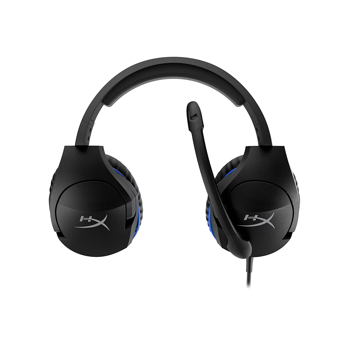 Schwarzes Gaming-Headset mit blauem Akzent. Sichtbarer Mikrofonarm und Kabel.
