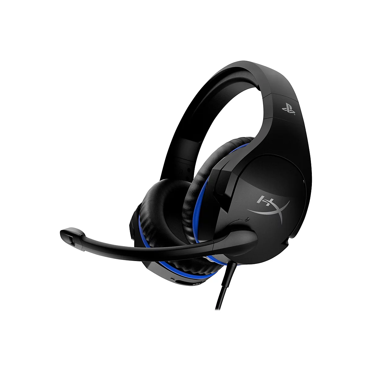 Schwarzes Gaming-Headset mit blauem Akzent und Mikrofon. HyperX Logo sichtbar. PS-Symbol.