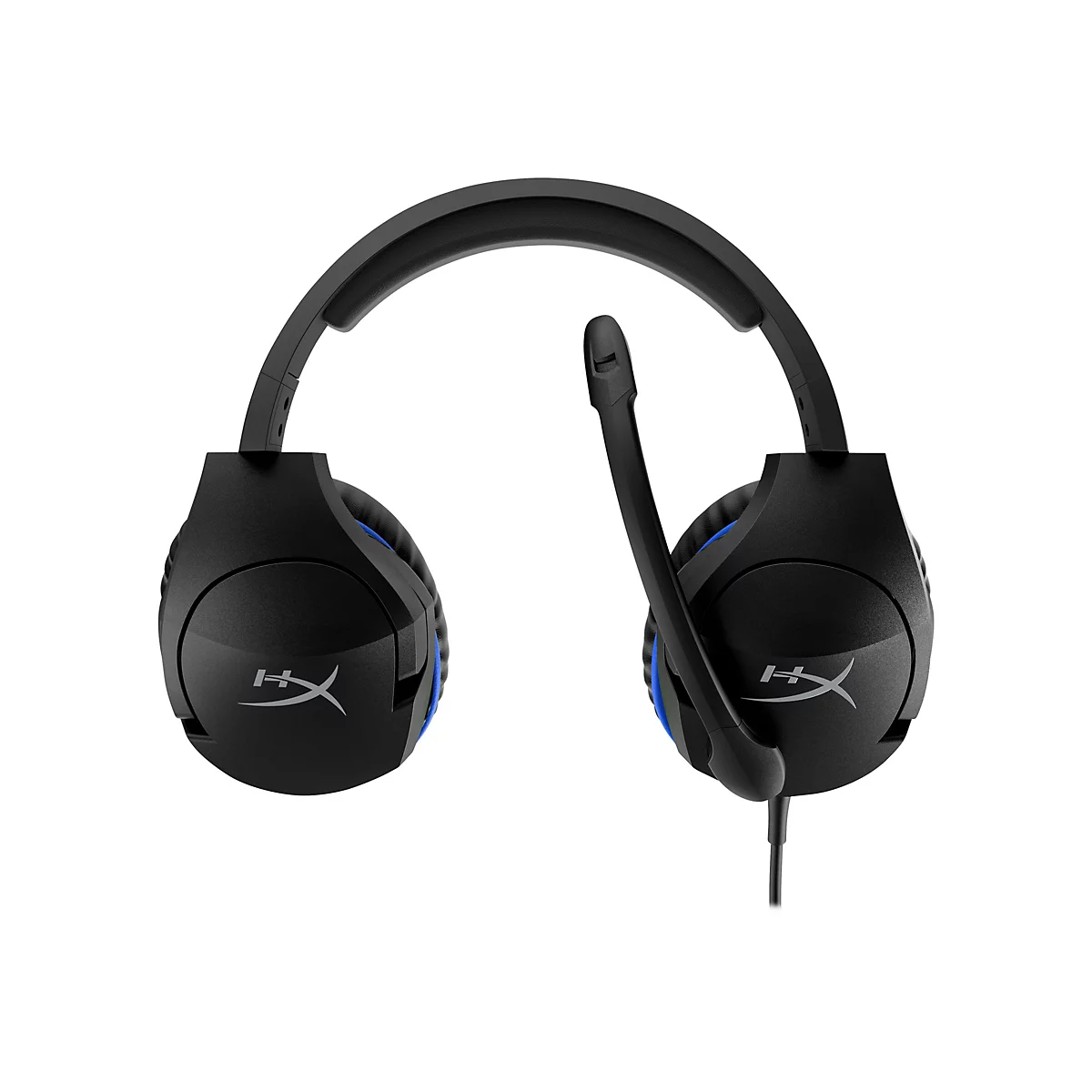 Schwarzes Gaming-Headset mit Mikrofon, blauem Akzent und HyperX-Logo.