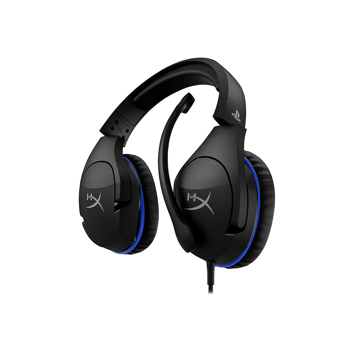 Schwarzes Gaming-Headset mit blauen Akzenten, Mikrofon und Logo.