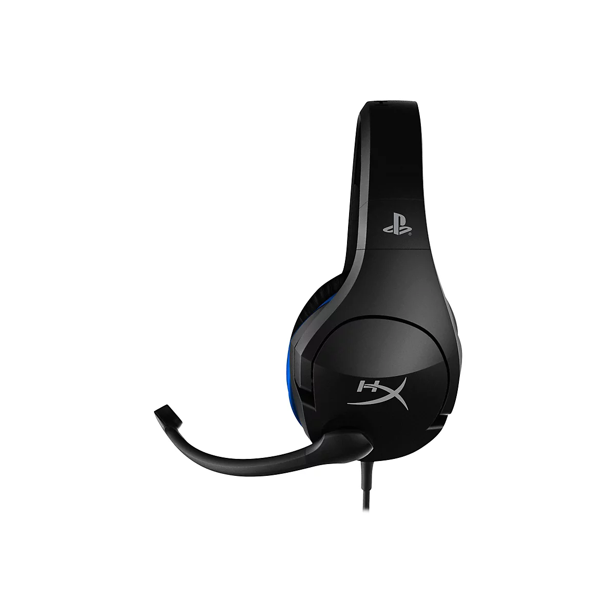 Schwarzes HyperX-Gaming-Headset mit Mikrofon, PlayStation-Logo und HyperX-Logo.