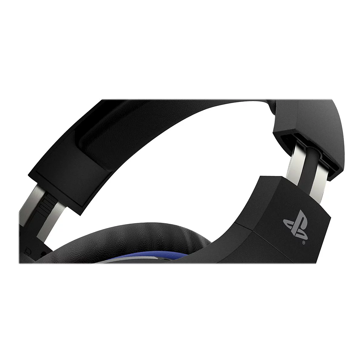 Detailaufnahme eines schwarzen Gaming-Headsets mit silbernfarbenen Akzenten und dem PlayStation-Logo.
