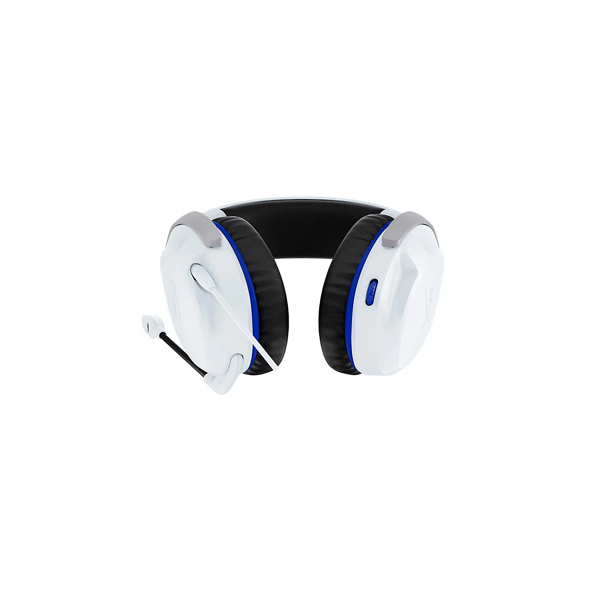 Casque de jeu blanc avec des accents bleu-gris. Microphone, oreillettes, bandeau rembourré. Sur fond blanc.