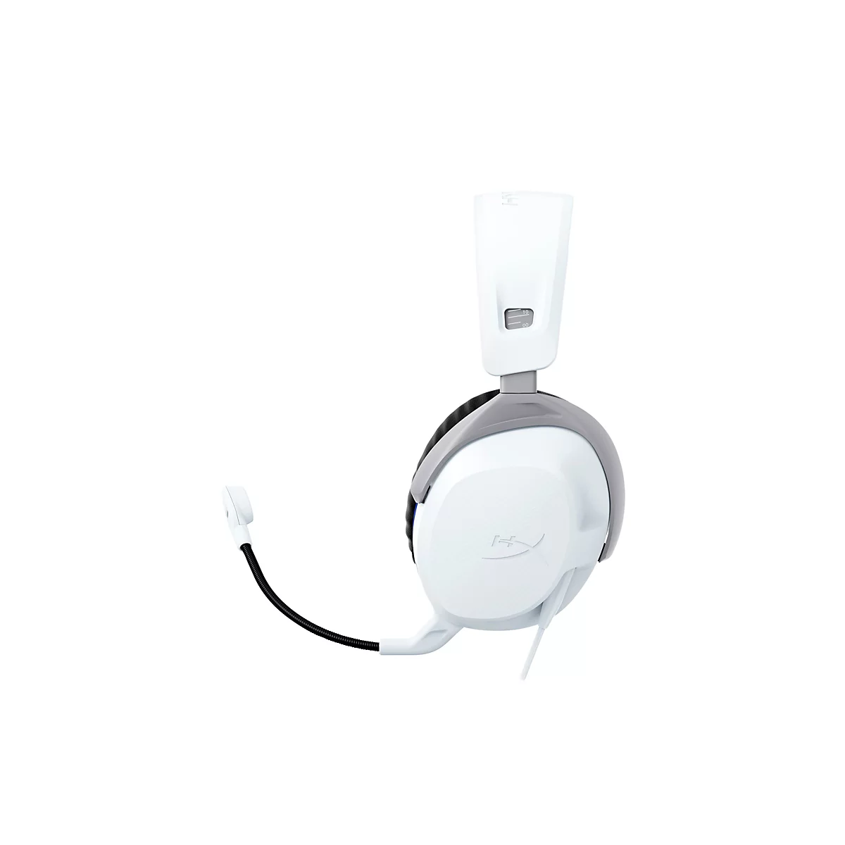 Casque de jeu blanc avec des accents gris sur fond blanc. On peut voir le microphone, le bandeau avec réglage et les oreillettes avec le logo HyperX.