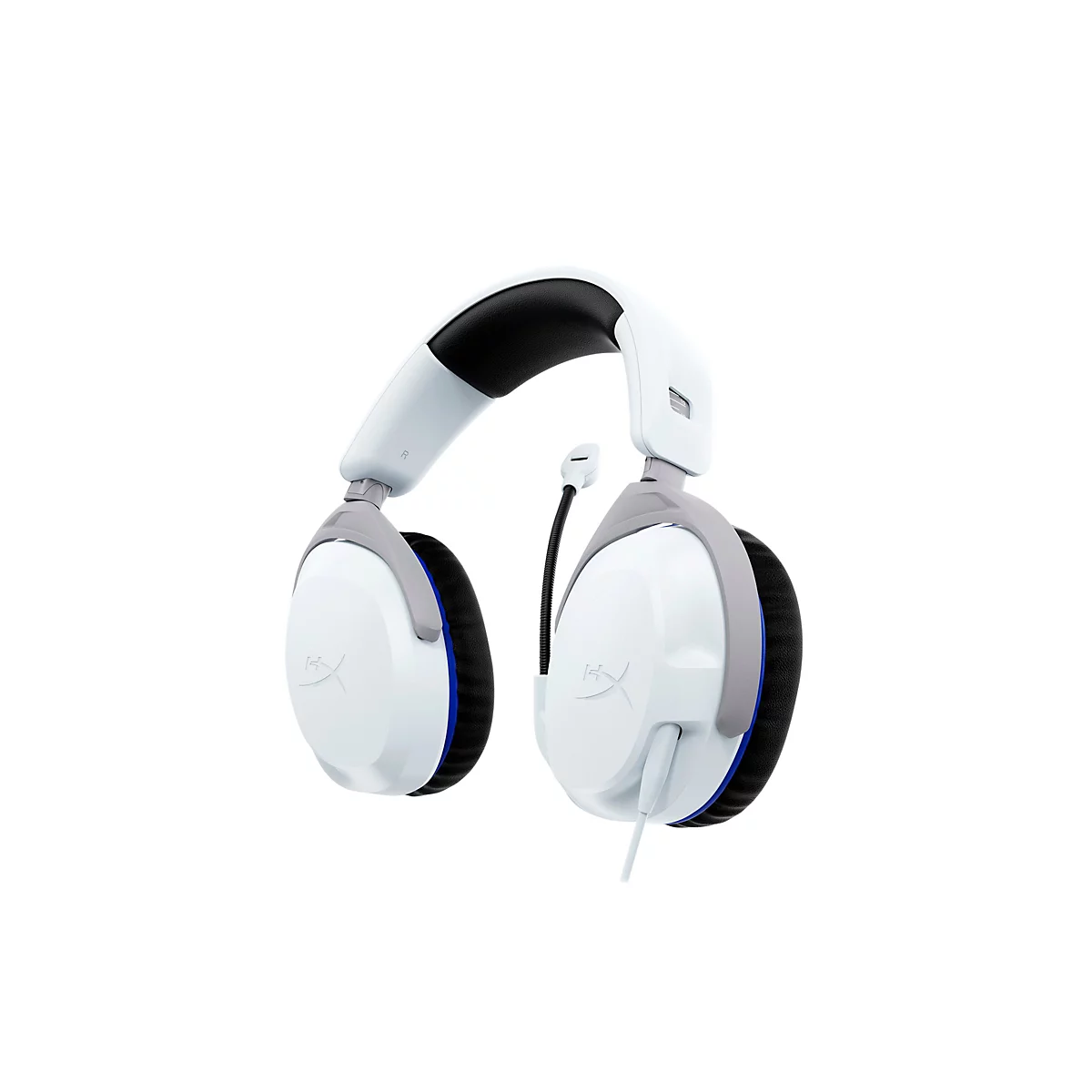 Casque de jeu blanc avec des détails gris et un microphone sur fond blanc.
