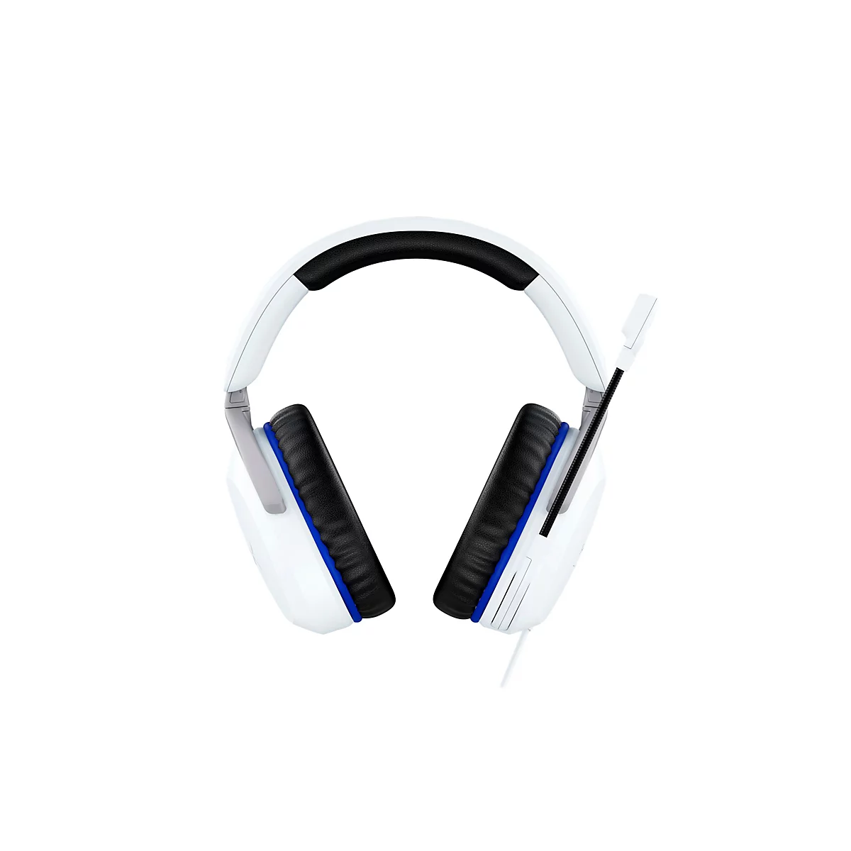 Casque de jeu blanc avec accent bleu, coussinet d'écouteur noir et microphone.