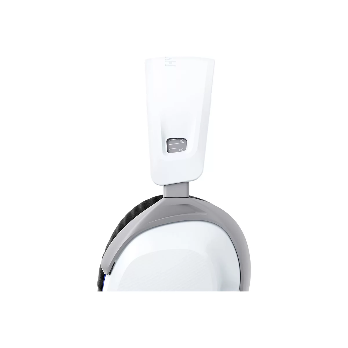 Gros plan d'un casque blanc avec un arc gris. Une échelle avec "10" et "00" est visible sur le support.