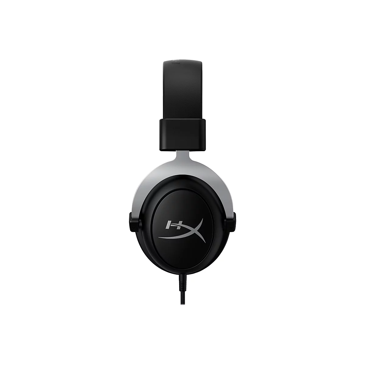 Schwarze Over-Ear-Kopfhörer mit silbernen Akzenten, Kabel, und HyperX-Logo.