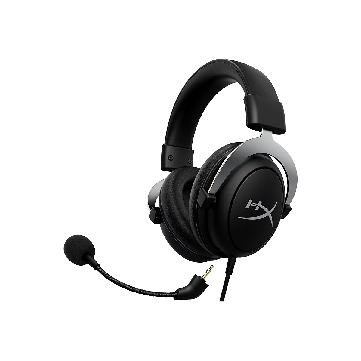Schwarzes Gaming-Headset mit Mikrofon. Silberfarbene Akzente, HyperX-Logo auf den Ohrmuscheln, Klinkenstecker.