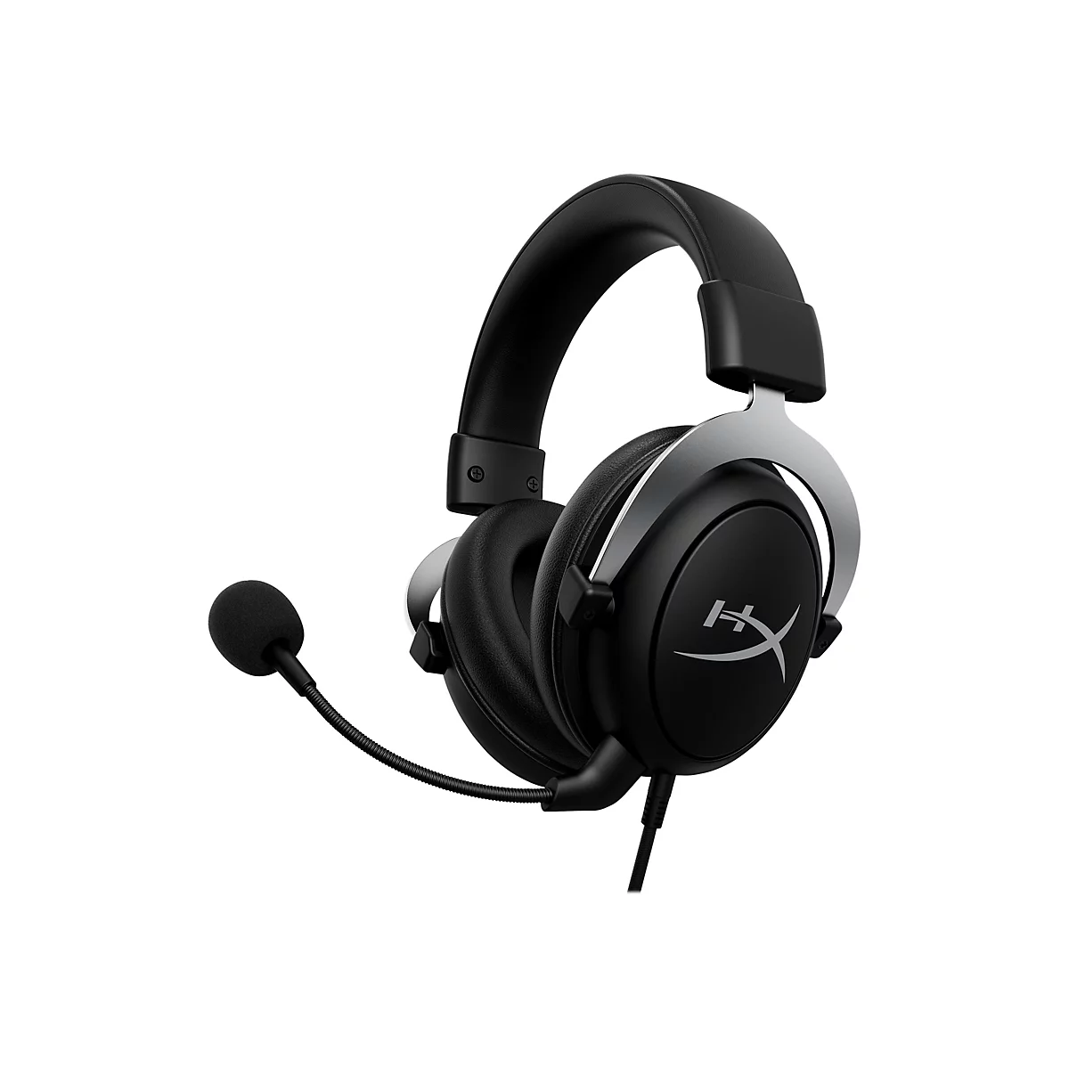Schwarzes Gaming-Headset mit Mikrofon vor weißem Hintergrund. Das Headset hat silberne Akzente und ein HyperX-Logo.