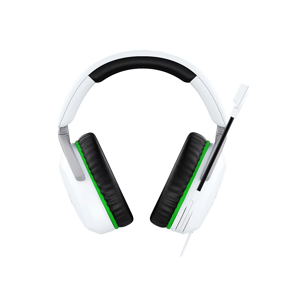 Casque de jeu blanc avec des oreillettes noires et une bordure verte. Un microphone est fixé à l'écouteur droit.