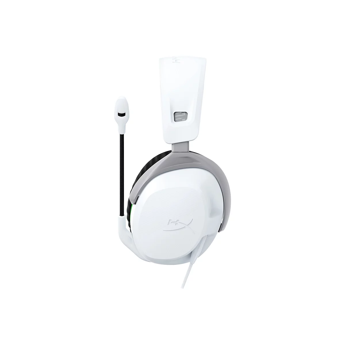 Casque de jeu blanc avec microphone, détails gris et noirs, isolé sur fond blanc.