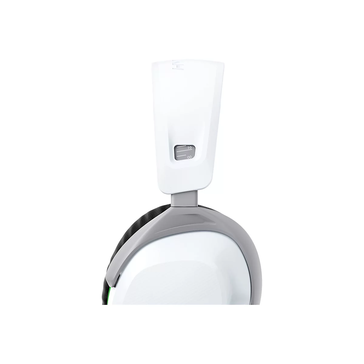 Gros plan d'un casque de jeu blanc. Une échelle est visible sur le bandeau avec l'inscription "10" et "00".
