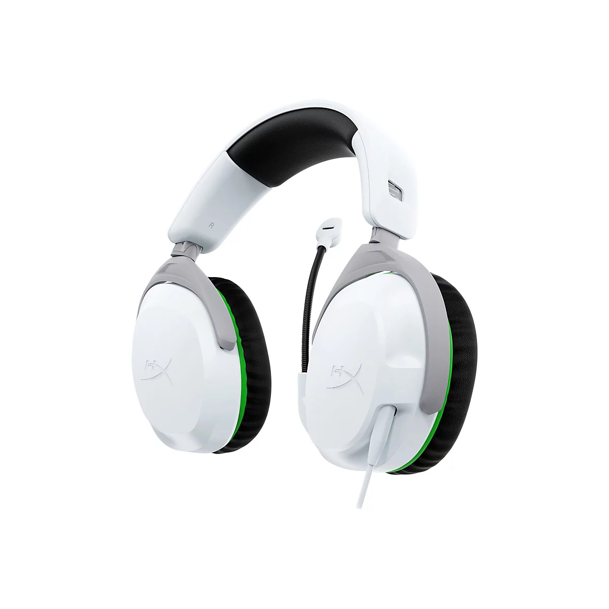 Casque de jeu blanc avec microphone. Couvercle d'écouteur noir, accent vert. Imprimé 'HyperX'.