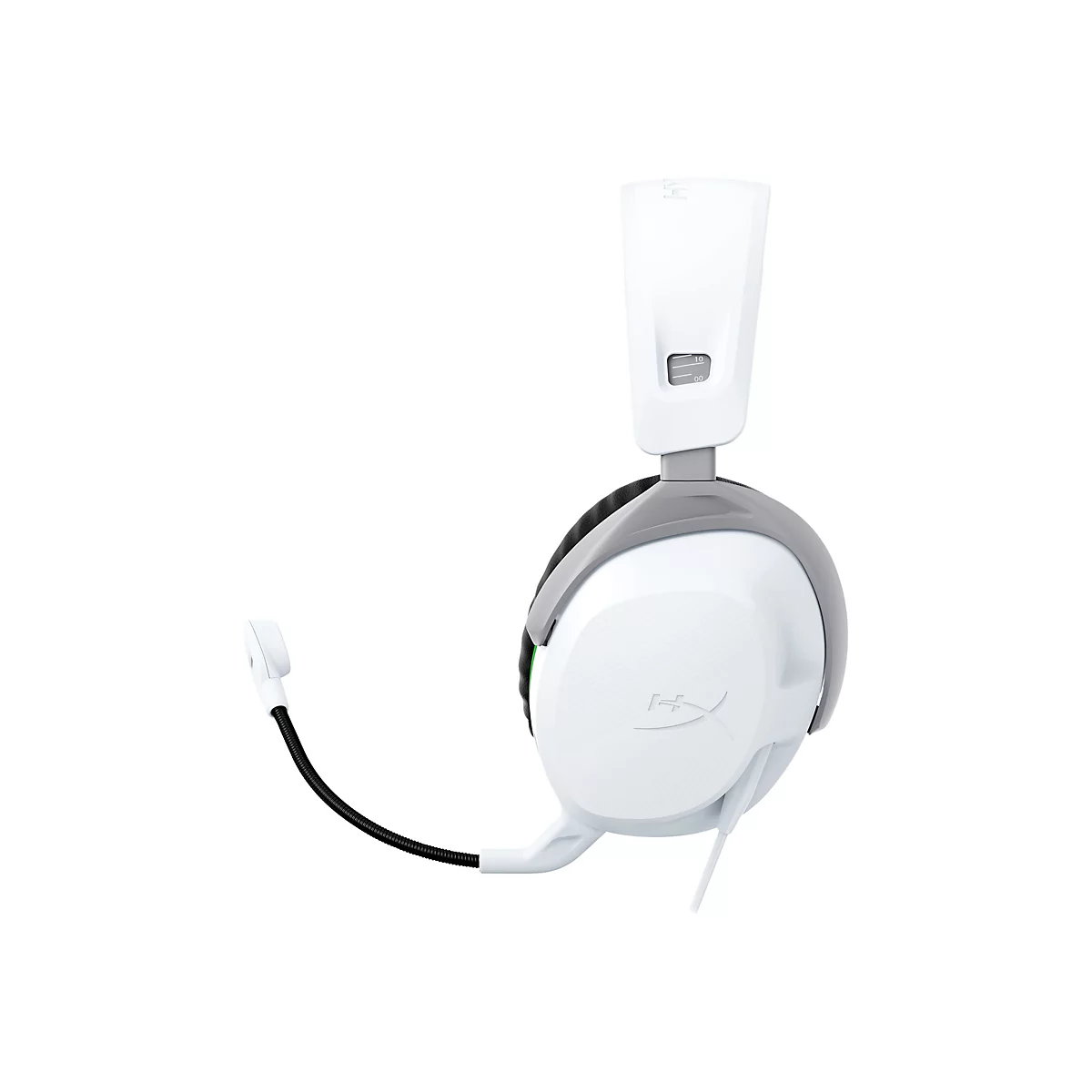 Casque de jeu blanc avec microphone. Le casque a un bandeau gris et un logo HyperX. Le bras du microphone est noir.