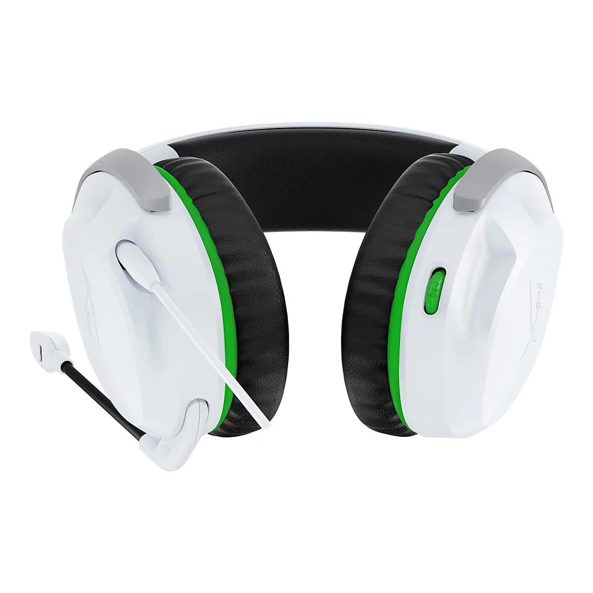 Casque de jeu blanc avec oreillettes noires, accents verts et microphone.
