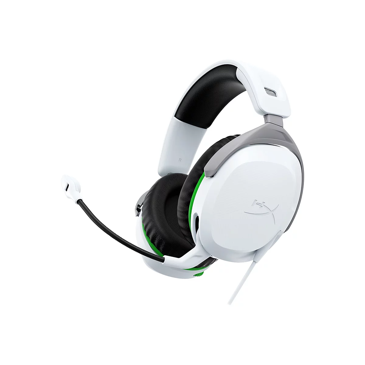 Casque de jeu blanc avec coussinet d'oreille noir, accent vert, microphone et logo.