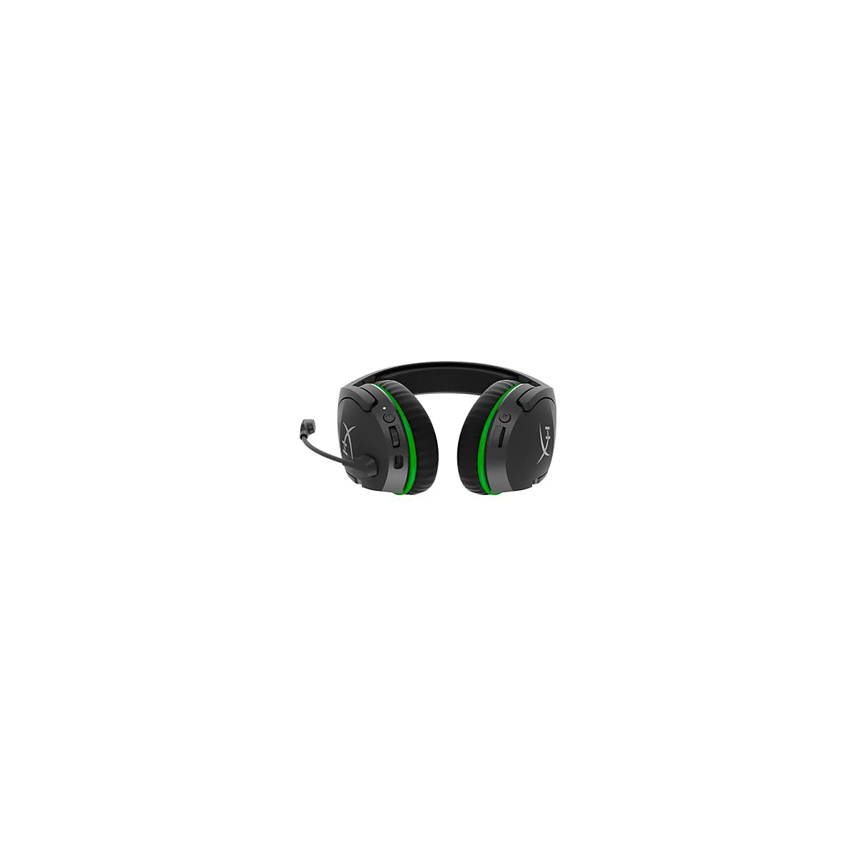 Schwarzes Gaming-Headset mit grünen Akzenten, Mikrofon und Logo.