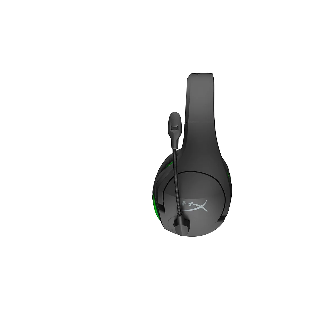 Casque de jeu noir avec microphone sur fond blanc. Le casque est vu de dessus, le logo HyperX est visible.