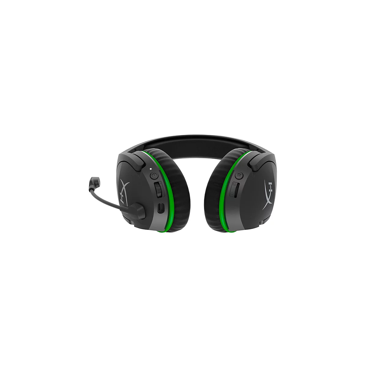 Casque de jeu noir avec des accents verts, un microphone et le logo HyperX, sur fond blanc.