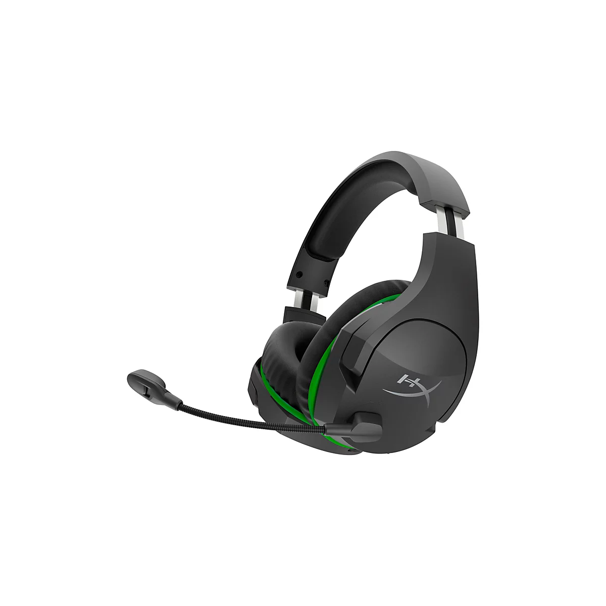 Casque de jeu noir avec des accents verts et un microphone, sur fond blanc.