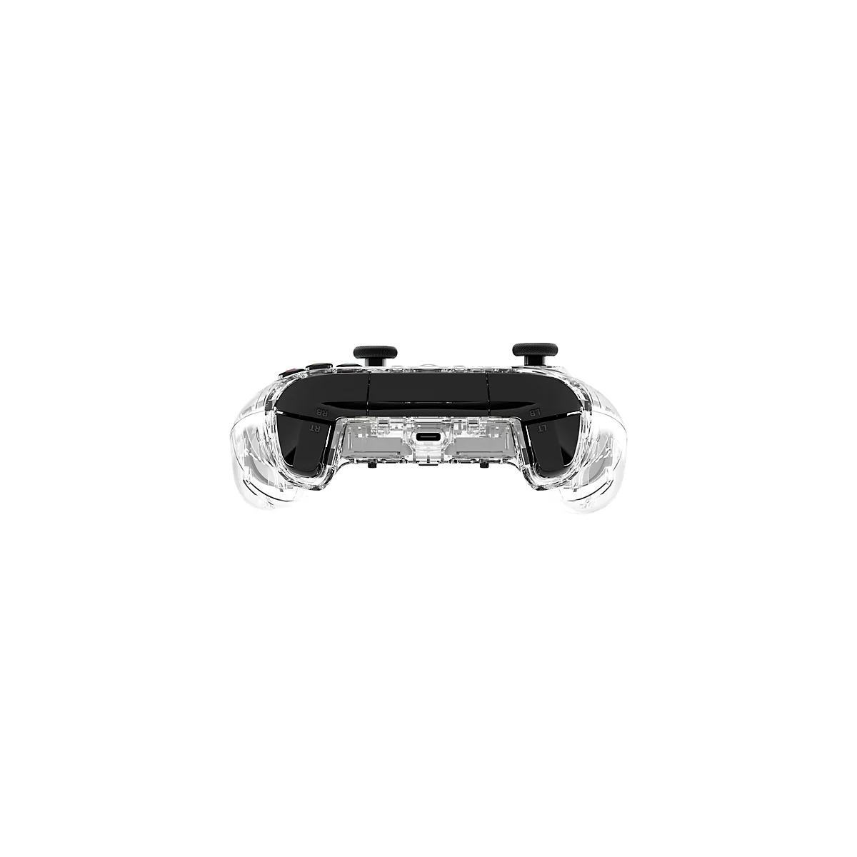 Ein durchsichtiger Gamecontroller, mit schwarzen Knöpfen und Sticks auf weißem Hintergrund.