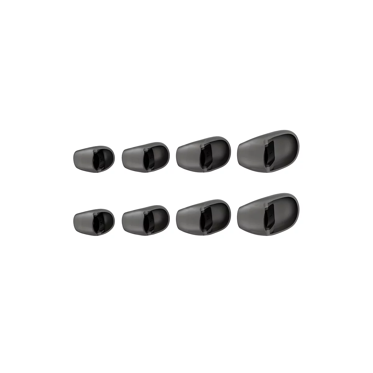 Huit embouts d'oreille gris de différentes tailles. XS, S, M et L sont étiquetés à l'intérieur. Sur fond blanc.