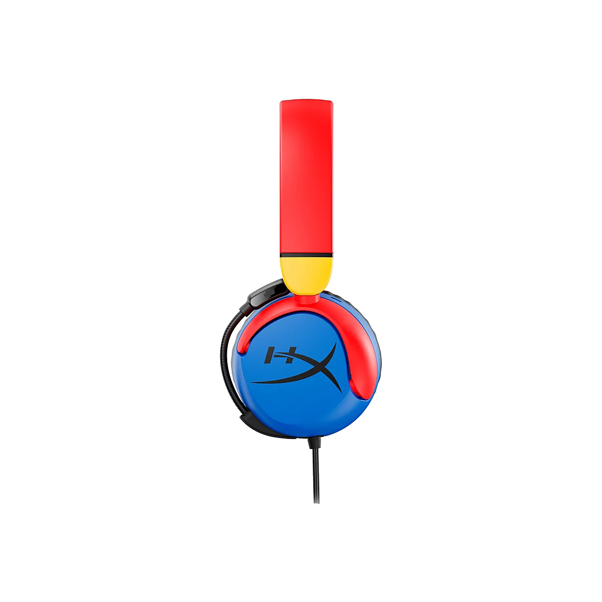 Casque de jeu bleu avec bandeau rouge, accents jaunes et noirs. Connexion filaire.
