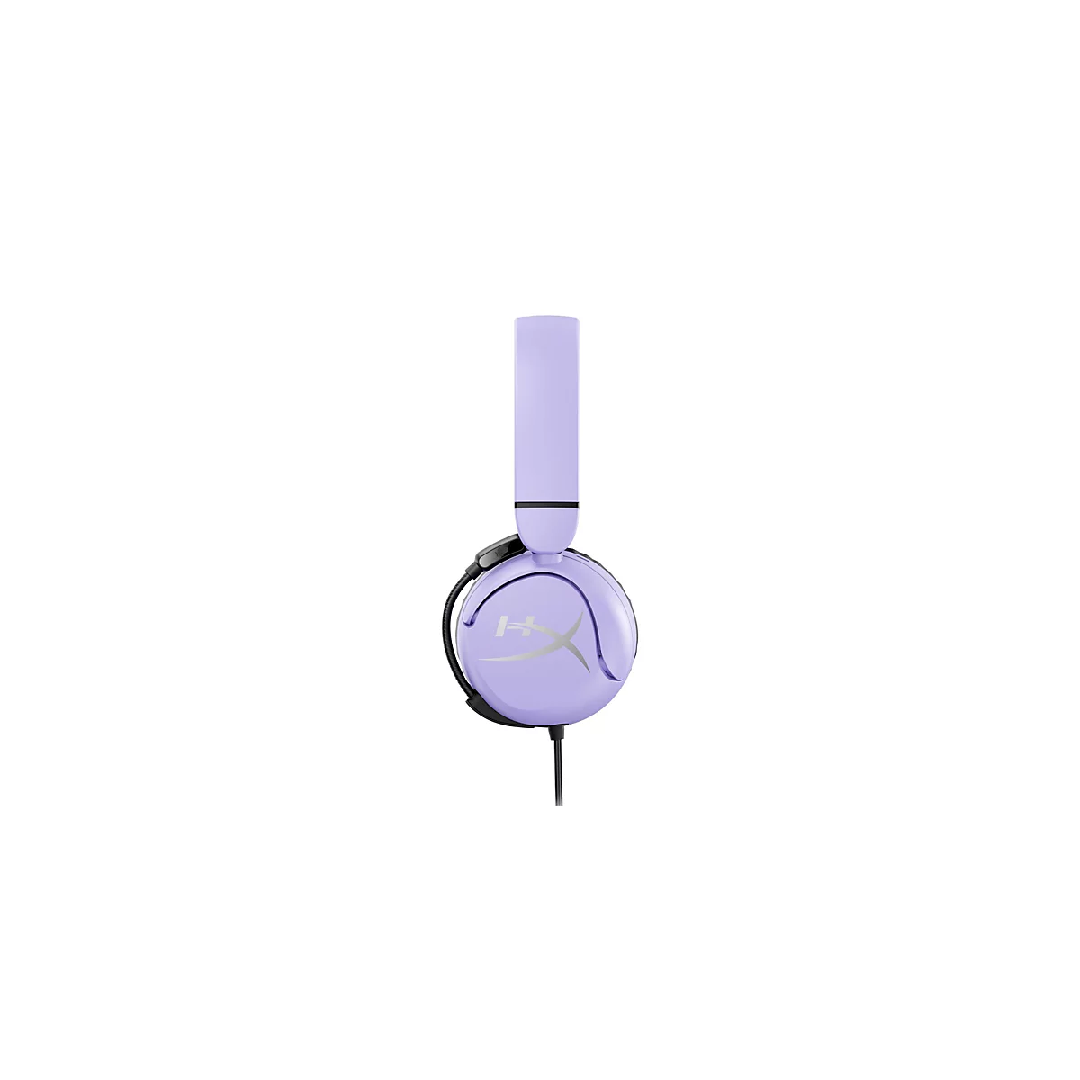 Casque violet clair, côté gauche, sur fond blanc. L'arceau est vertical, le coussinet d'oreille est à gauche. Un câble pend vers le bas.