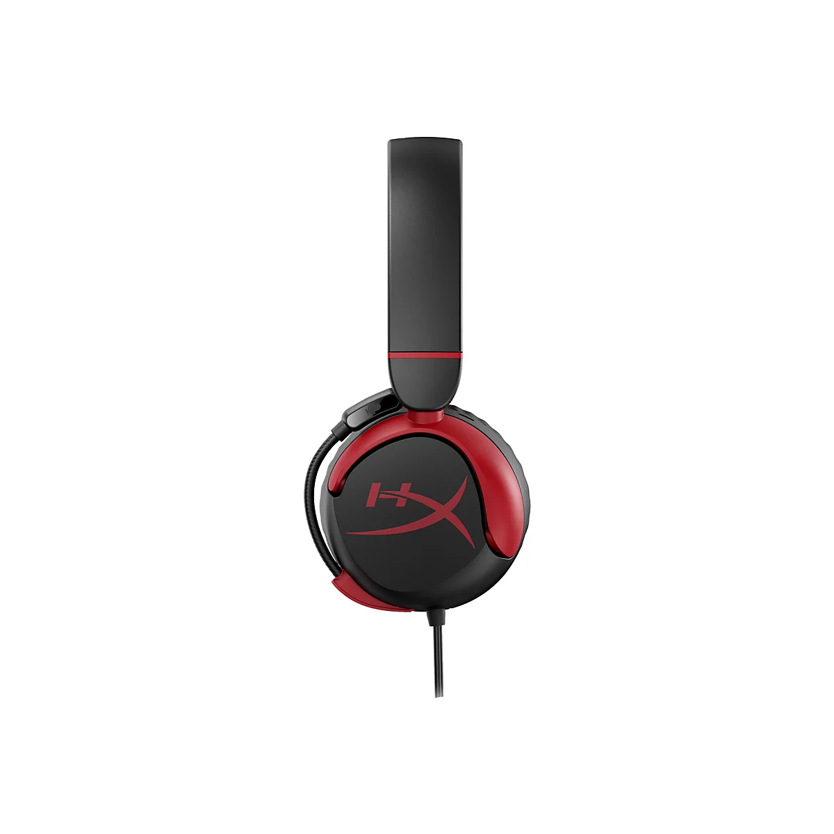 Casque de jeu noir avec des accents rouges et le logo HyperX, vu de face sur fond blanc.