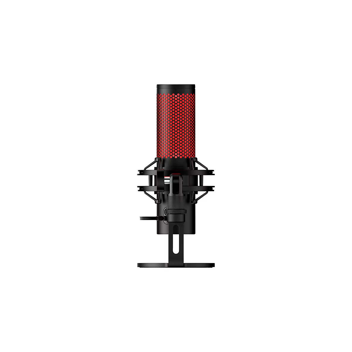Un microphone noir avec un motif de grille rouge, sur un support noir sur fond blanc.