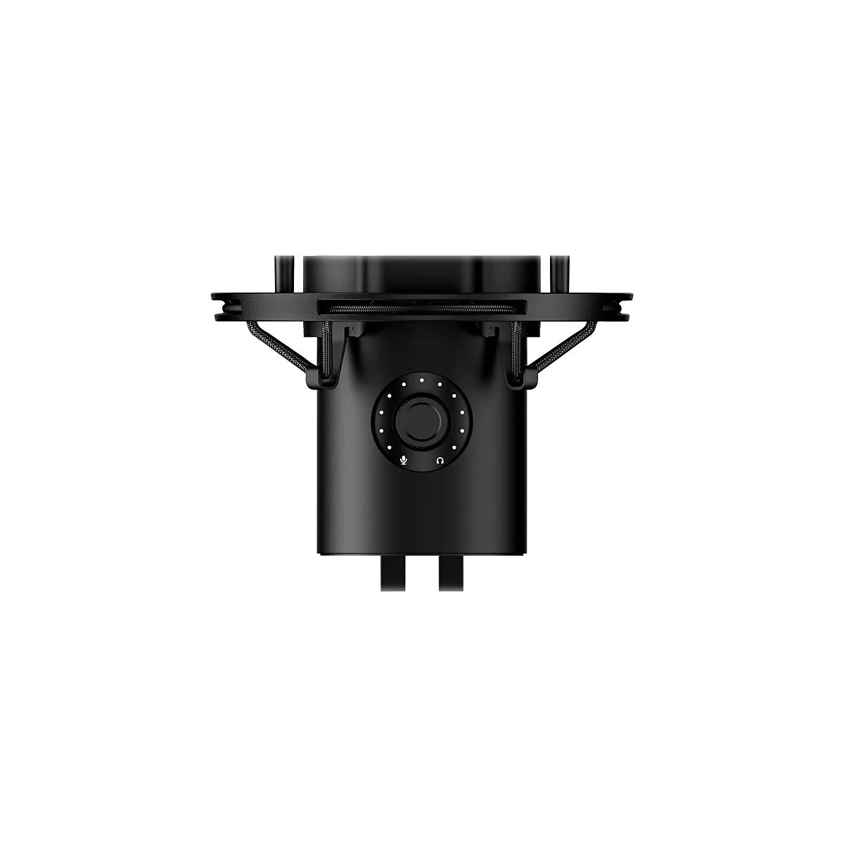 Microphone en métal noir, armature métallique, boutons et symboles.