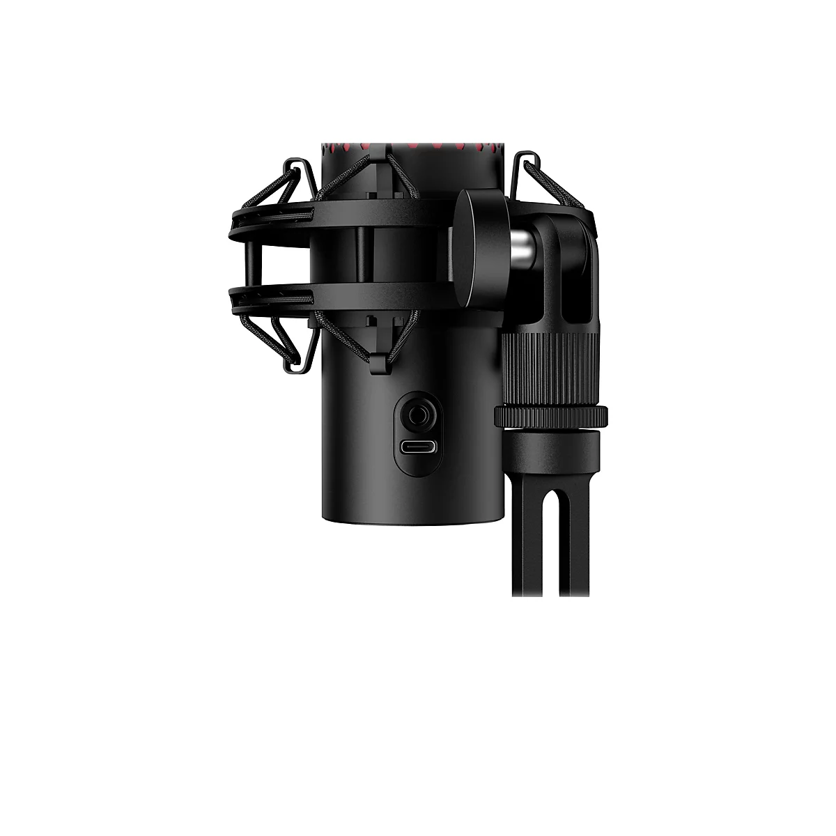 Vue détaillée d'un microphone USB noir. Il comprend un corps, un support et un support. Des détails tels que le couvercle en maille rouge et les ports USB-C sont visibles.
