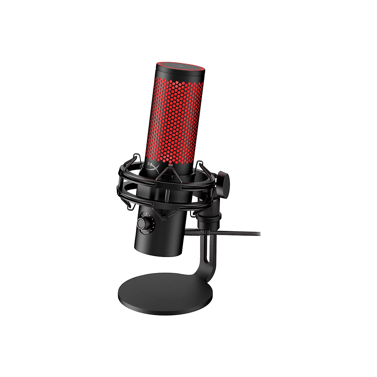 Microphone noir avec grille rouge et base ronde, fixé sur un support. Contrôle du volume et logo HyperX.